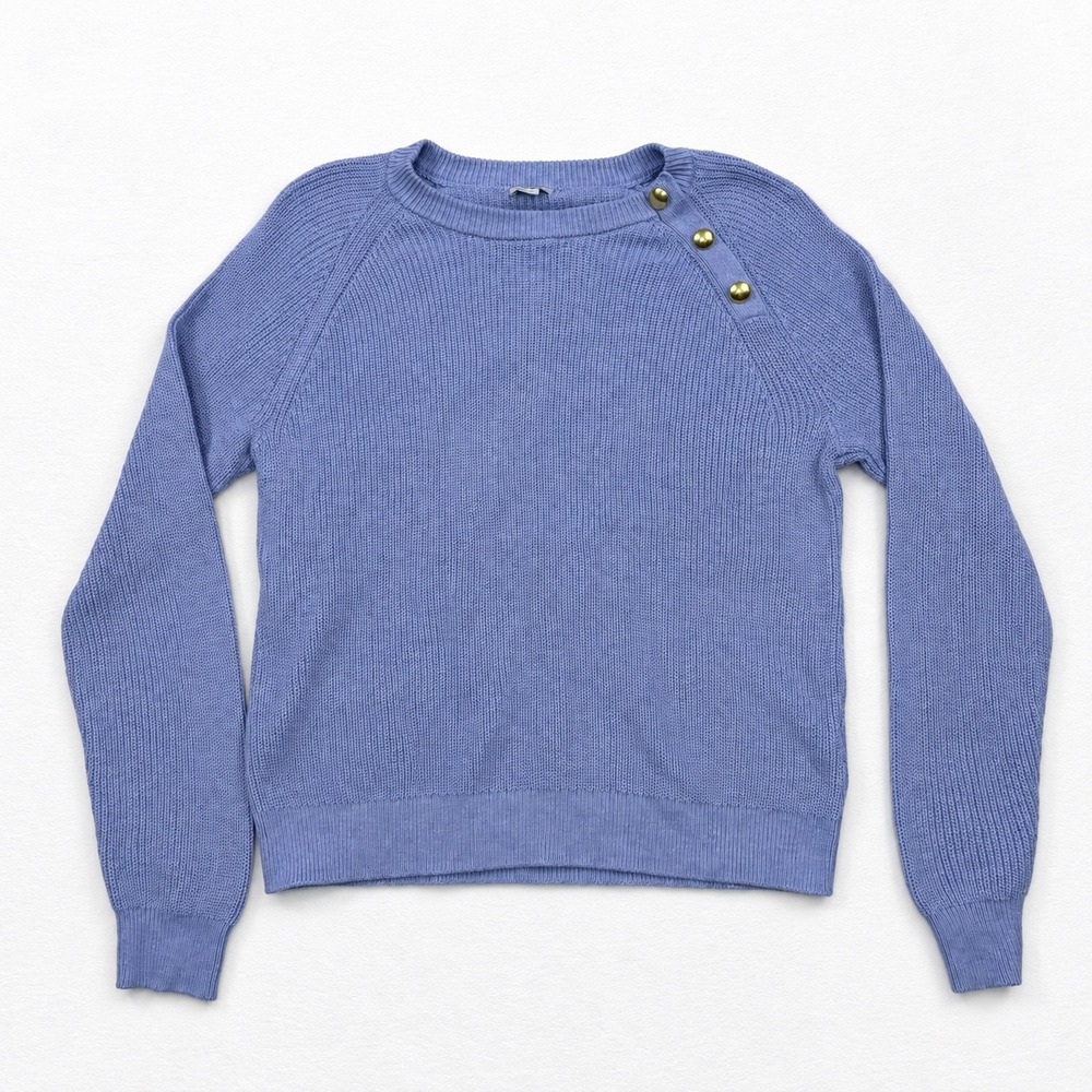 J Crew Periwinkle Blue Ribbed Knit Sweater Gold Button Shoulder Crew Neck Large